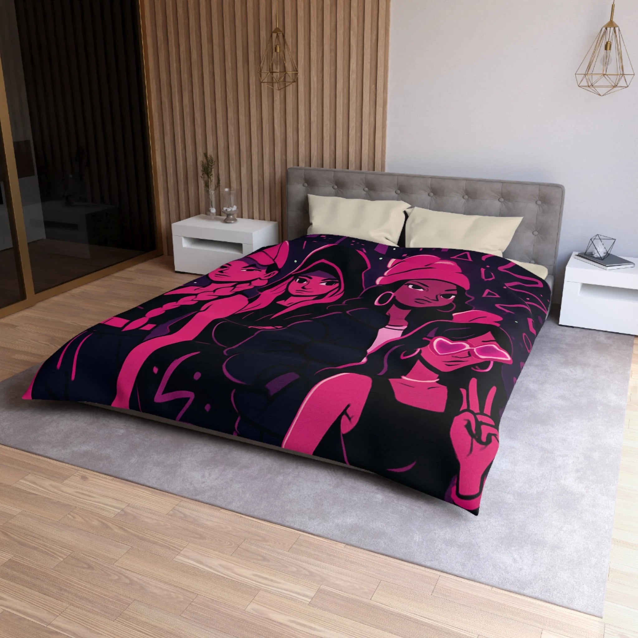 Housse de couette urbaine avec silhouettes féminines et motifs fluorescents nuit étoilée