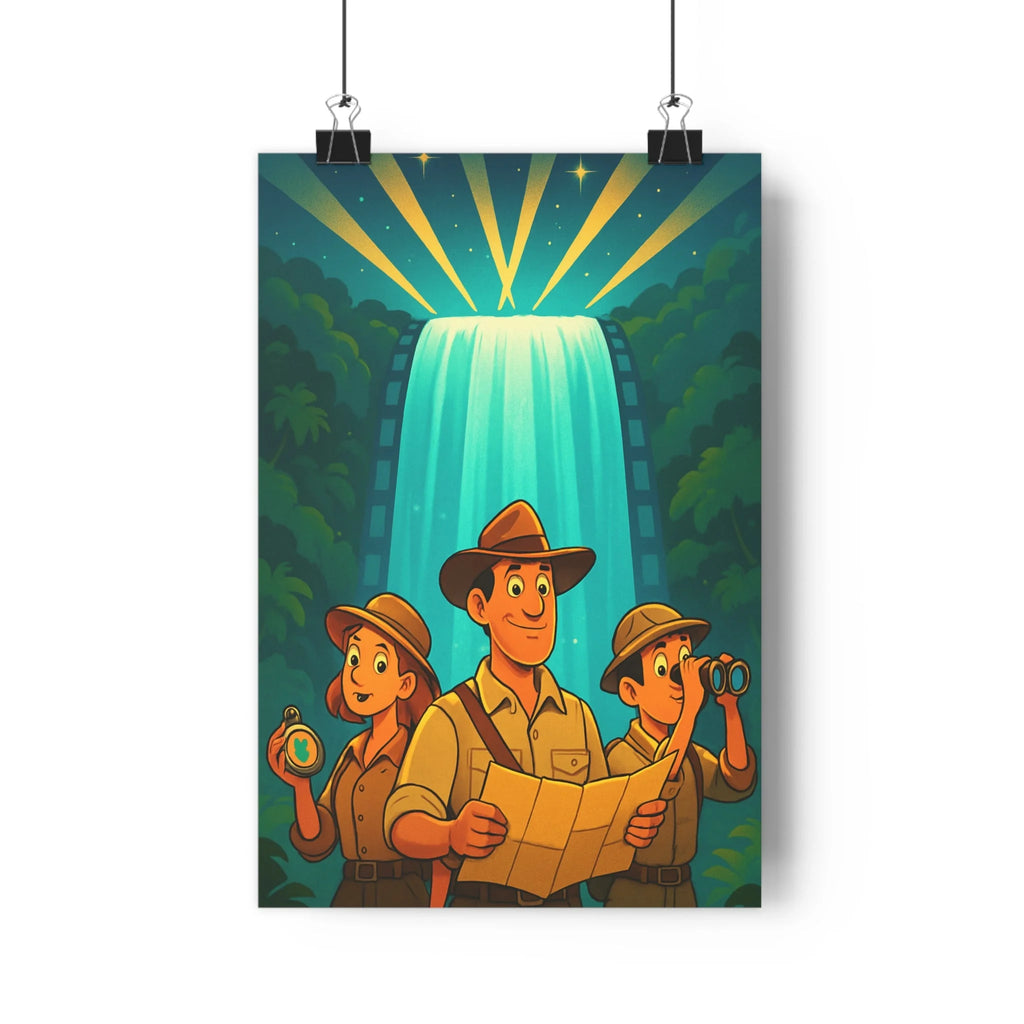 Poster aventure explorateurs jungle cascade lumineuse végétation palmiers nuit soleil expressions joyeuses ambiance mystérieuse découverte bureau salon