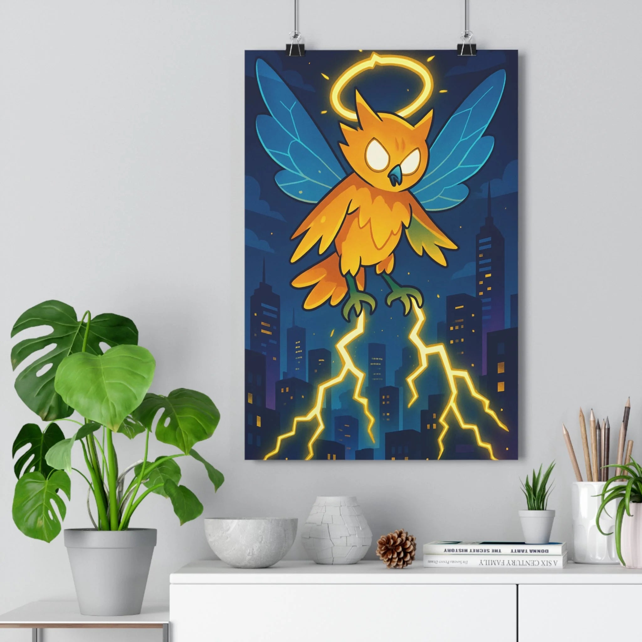 Poster décoratif hibou lumineux mystique bleu orange moderne salon chambre énergie éclairs ville ambiance