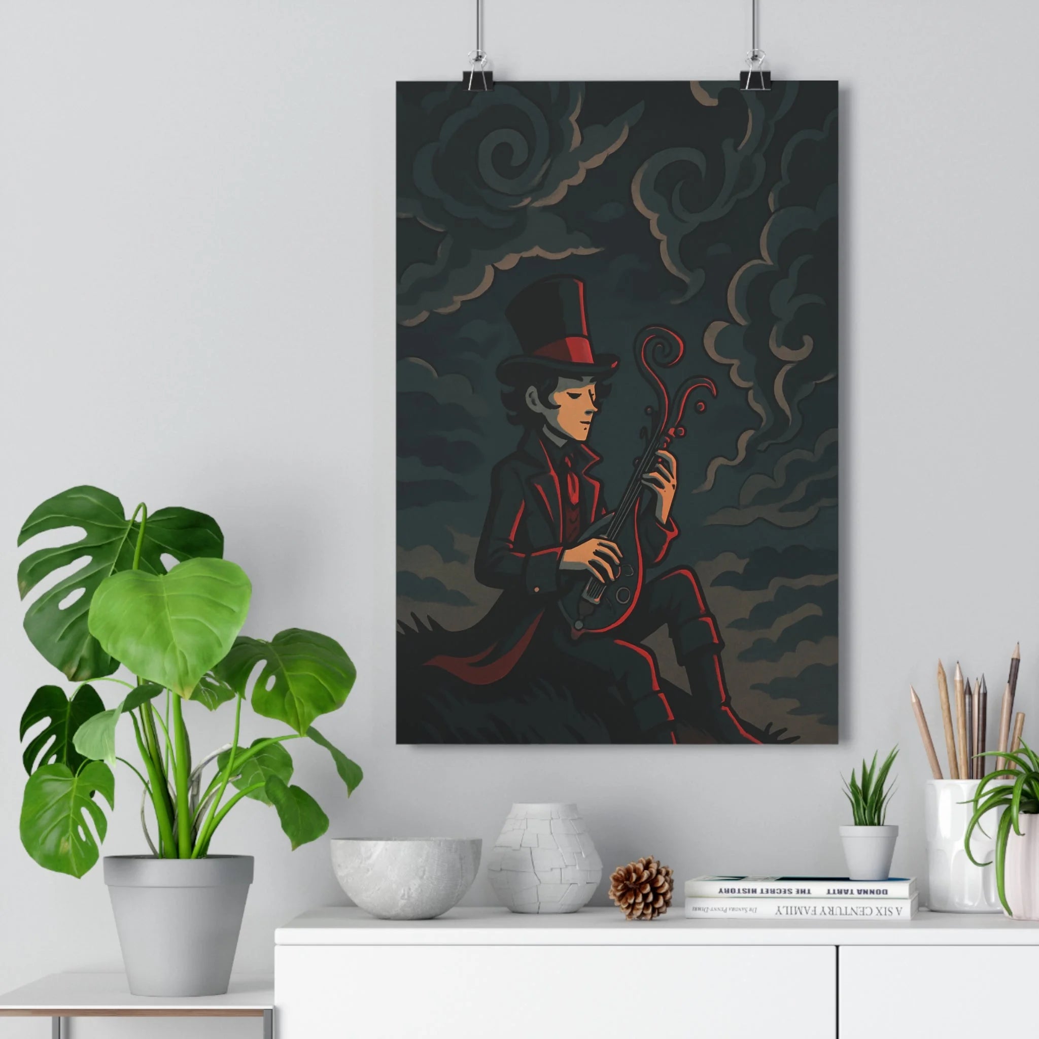 Poster décoratif gothique victorien bleu rouge salon mystérieux dramatique musique homme instrument artistique élégant