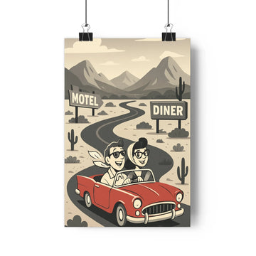 Poster vintage rétro voiture cabriolet personnages voyage motel dîner route sinueuse paysage désertique cactus montagnes ambiance nostalgique couleur rouge beige