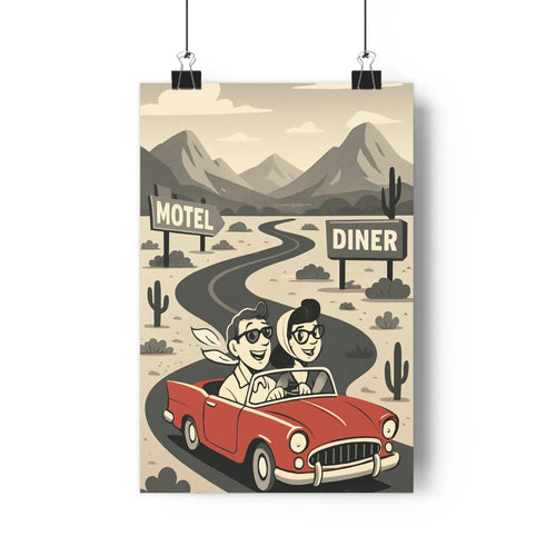 Poster vintage rétro voiture cabriolet personnages voyage motel dîner route sinueuse paysage désertique cactus montagnes ambiance nostalgique couleur rouge beige