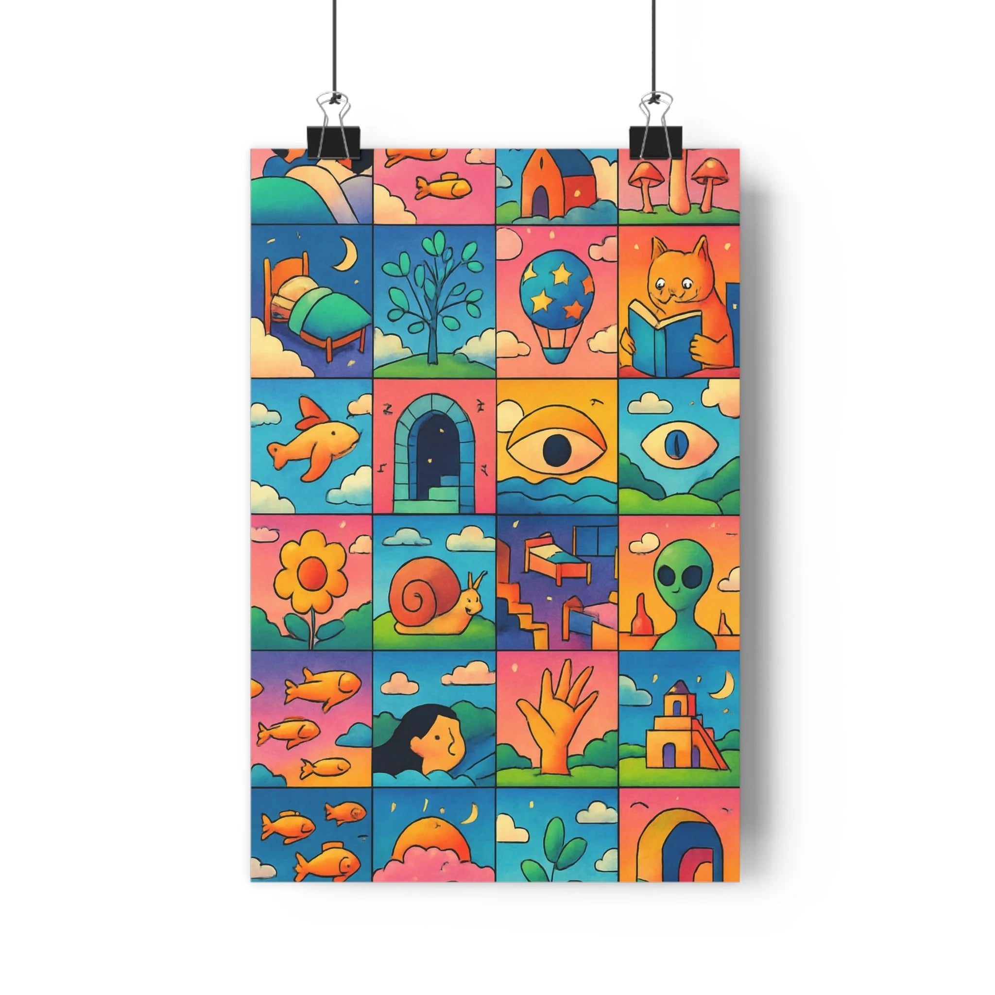 Poster décoratif surréaliste cartoon bleu rose orange vert rêveur ludique chambre salon enfant bureau