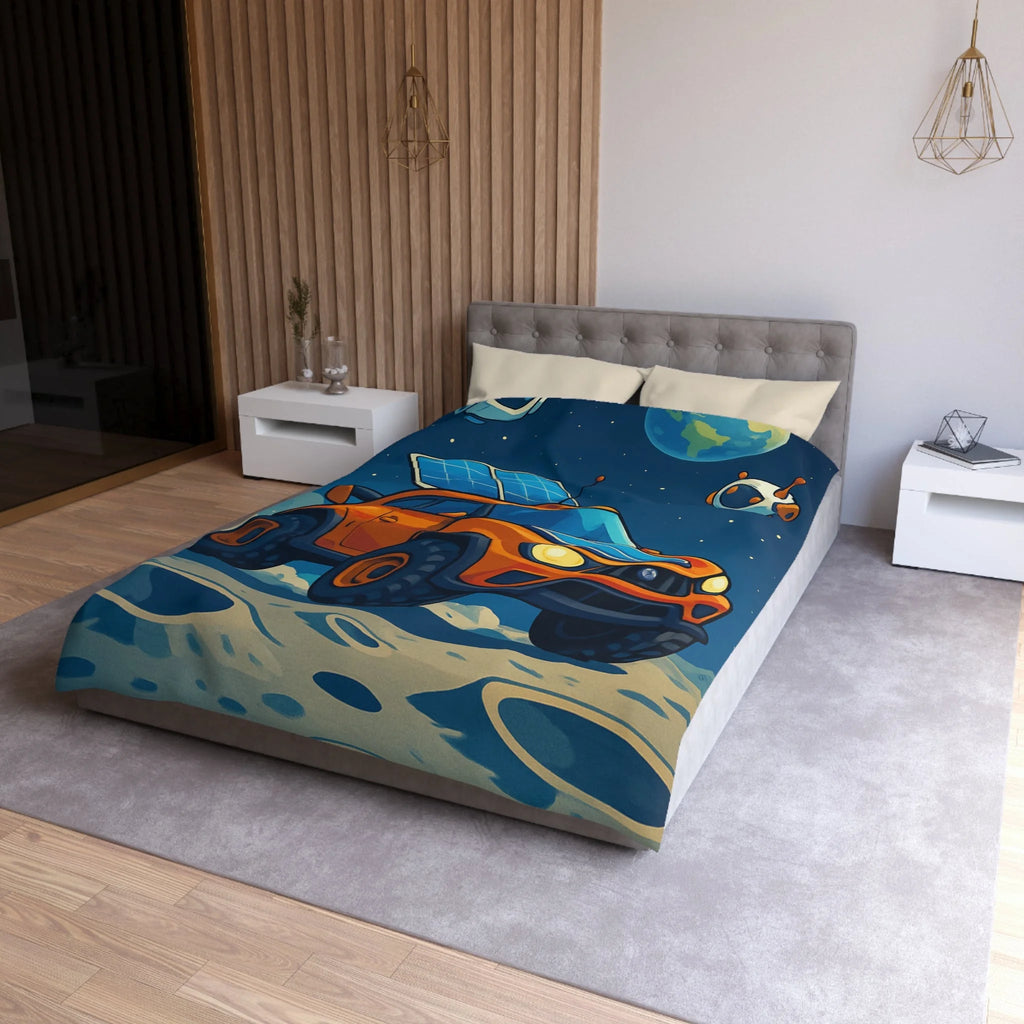 Housse de couette spatiale avec voiture orange et robots sur fond lunaire captivant