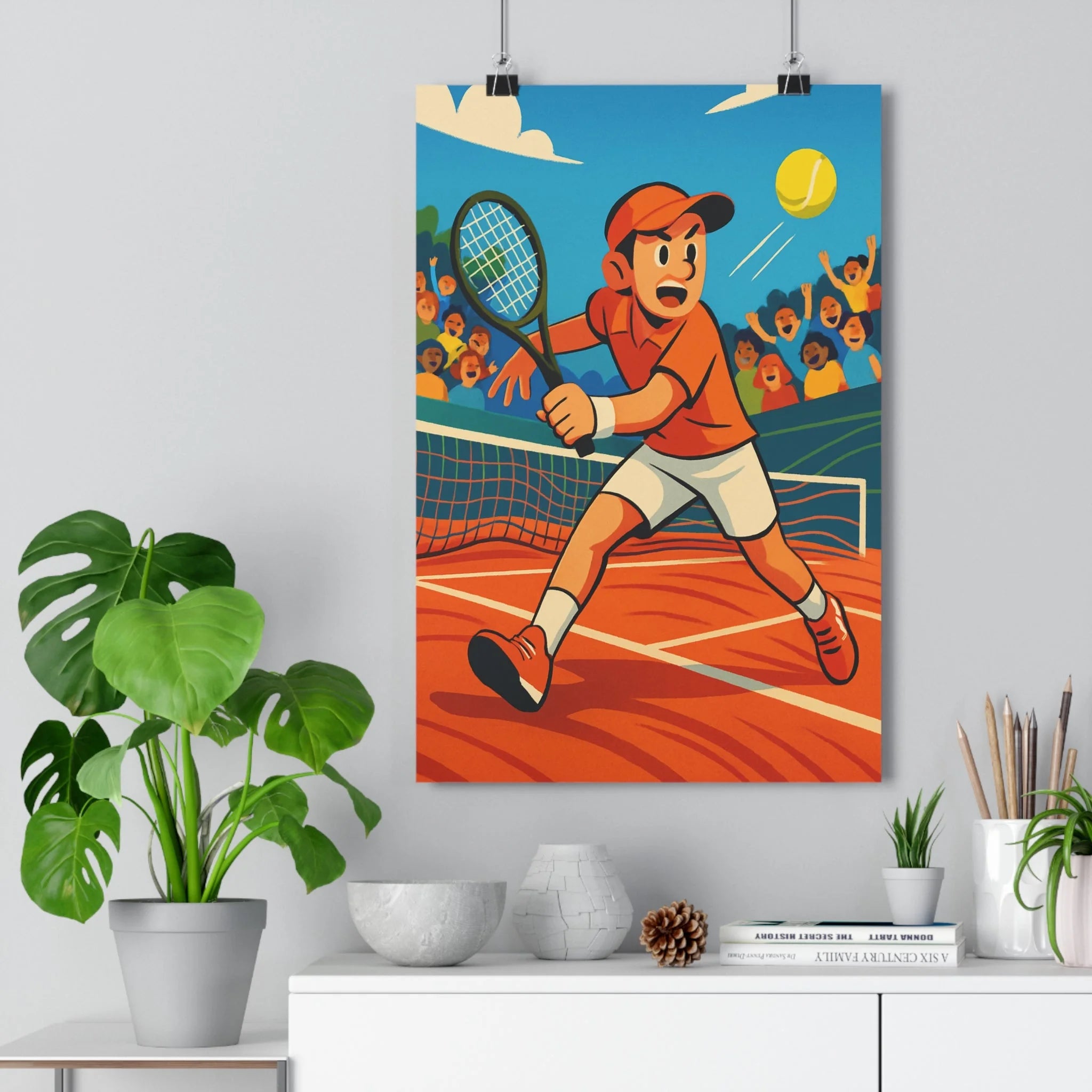 Poster décoratif tennis cartoon orange bleu joyeux dynamique chambre salon bureau sport animation spectateurs