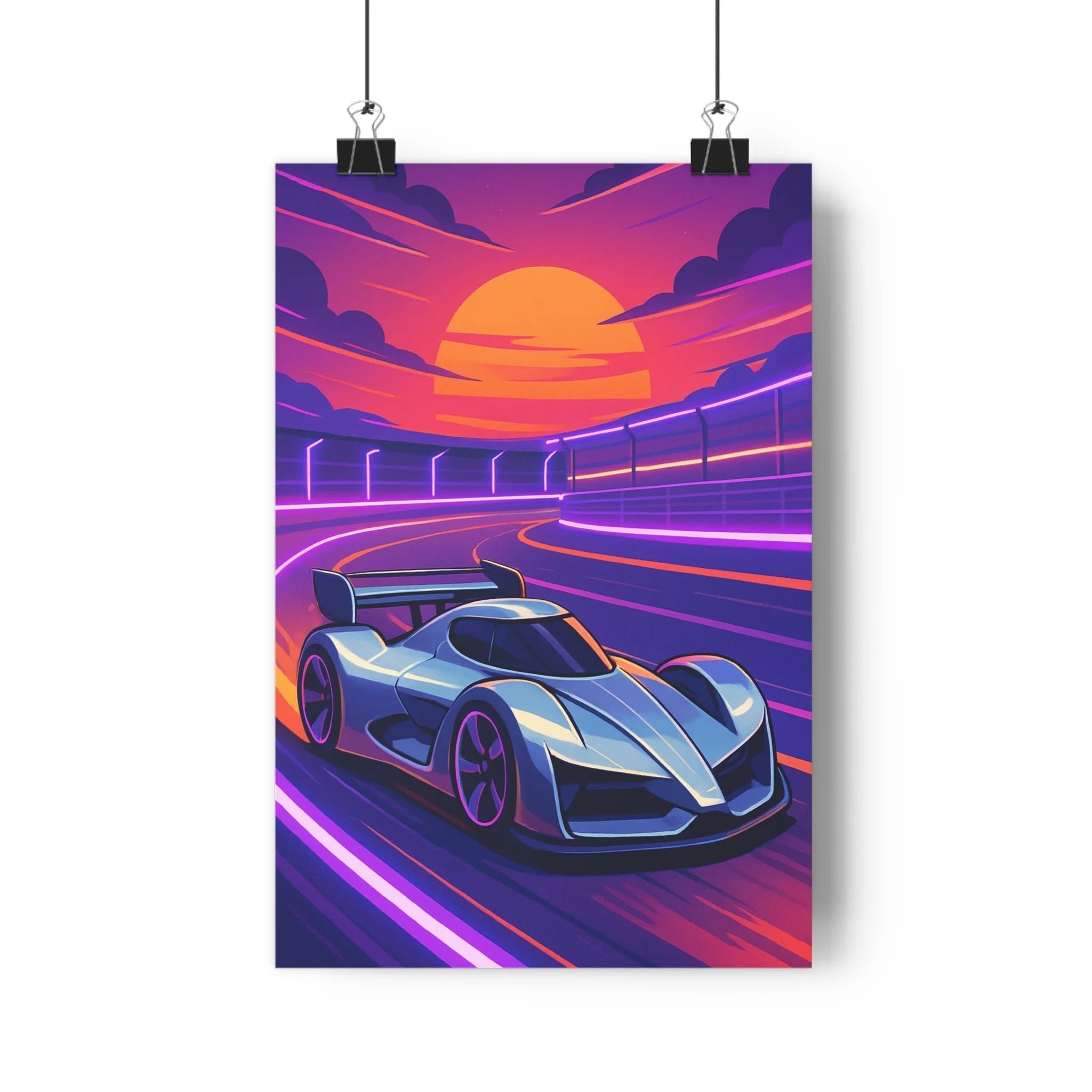 Poster décoratif voiture sport futuriste argenté néon violet rose moderne dynamique chambre salon bureau