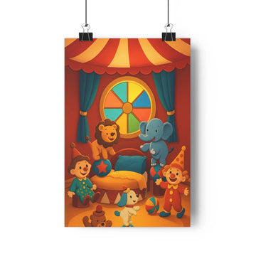 Poster cirque animal joyeux clown lion éléphant chat chien rideau rouge jaune bleu décor festif chambre enfants