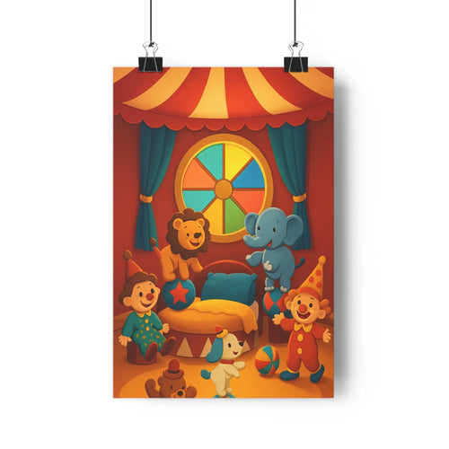 Poster cirque animal joyeux clown lion éléphant chat chien rideau rouge jaune bleu décor festif chambre enfants