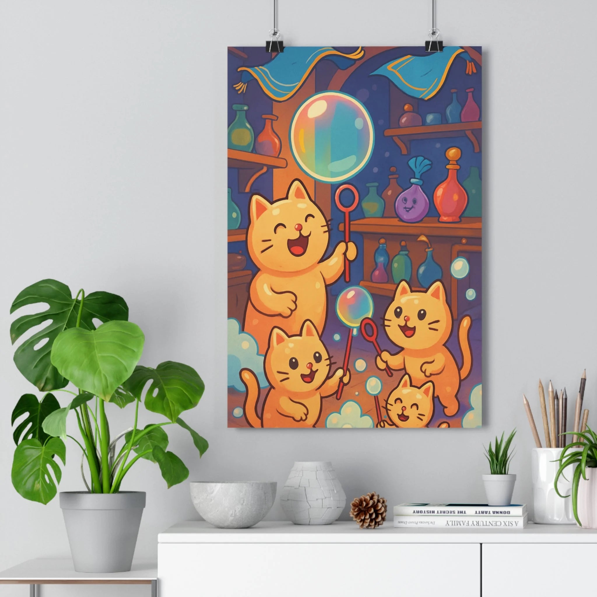 Poster décoratif cartoon orange bleu joyeux salle bain fantaisie mignon artisanat chats bulle flacons
