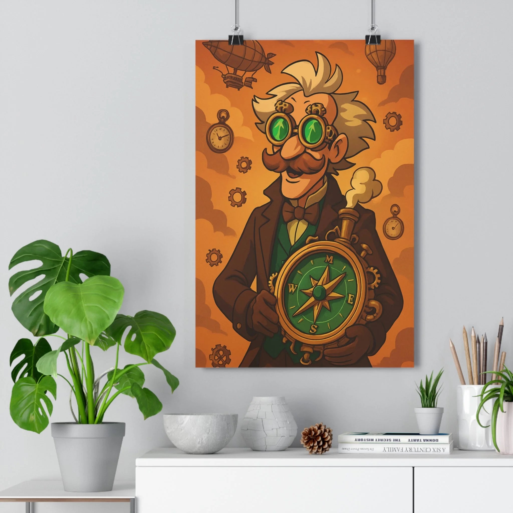 Poster décoratif steampunk vintage orange rétro aventure salon chambre bureau lunettes boussole mécanique dirigeable