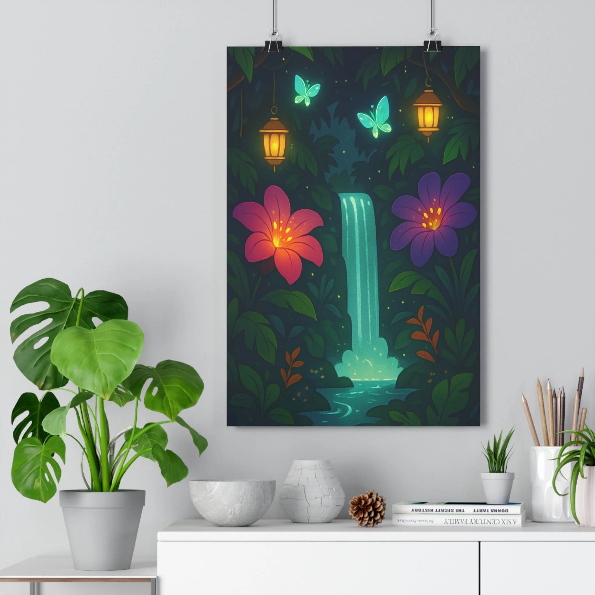 Poster décoratif jungle enchantée vert violet cartoon magique chambre salon cascade papillons ambiance apaisante