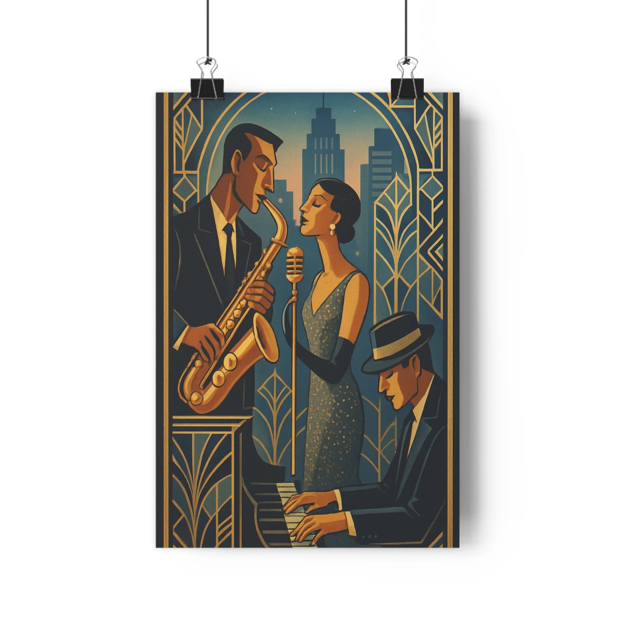 Poster décoratif jazz moderne art déco élégant urbain salon musicien saxophoniste chanteuse pianiste 30x46