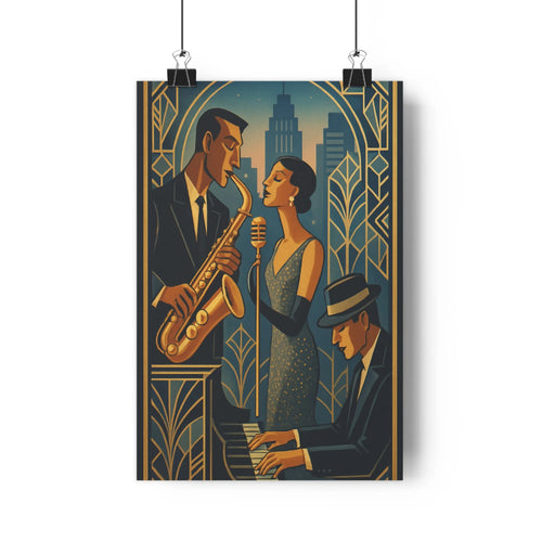 Poster jazz moderne art déco musiciens micro chanteuse piano bleu nuit doré contours précis ambiance intime salon club élégance motifs