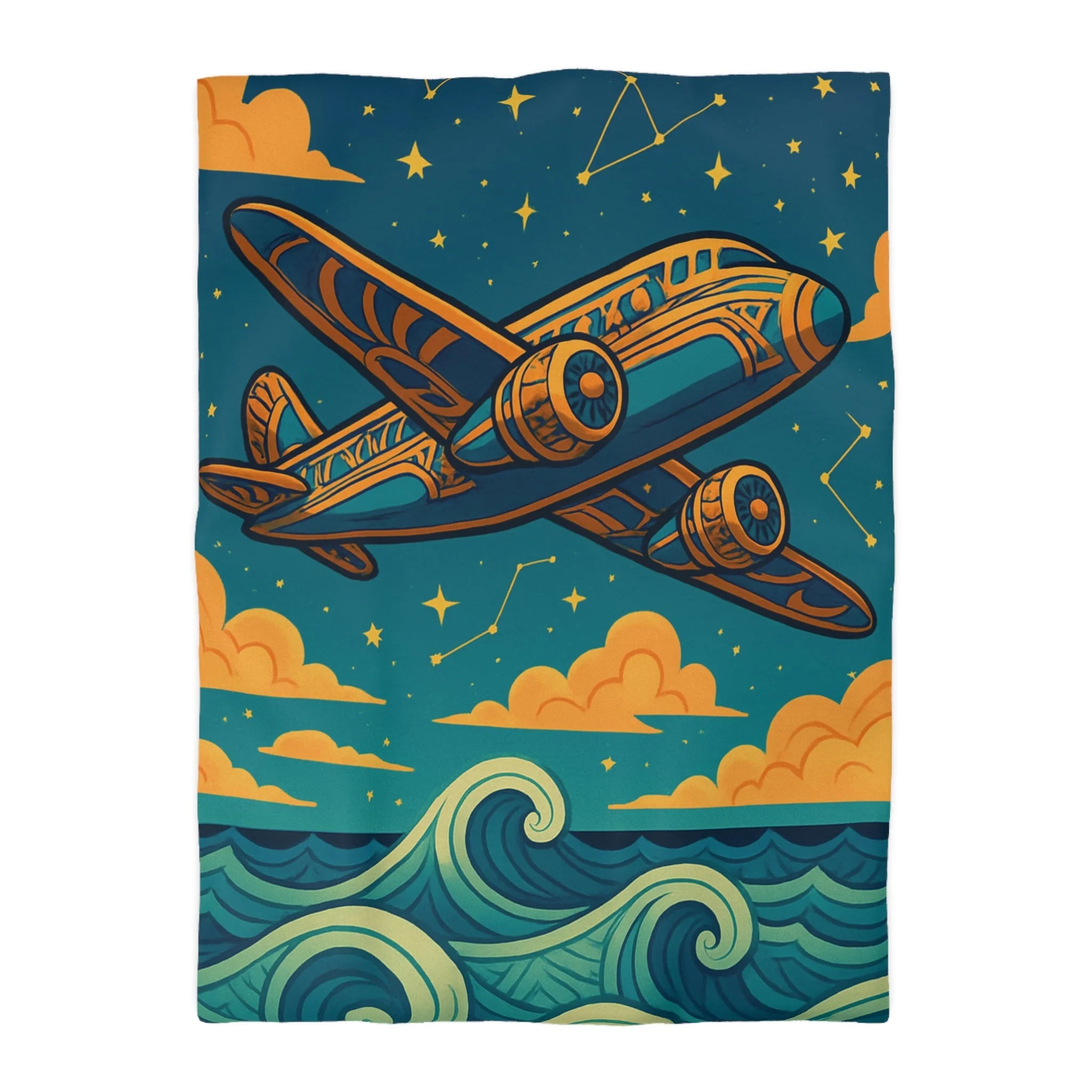 Housse de couette vintage avion voyageur sur ciel étoilé et mer tourmentée