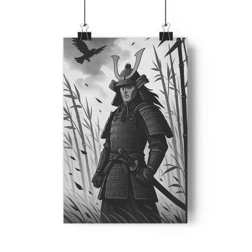 Poster samouraï armure casque plumes corbeau bambou forêt feuilles verte noir gris mystique réaliste précision tension solitude bureau salon zen