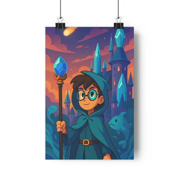 Poster enfant lunettes cape baguette pierre précieuse lune château tours nuages poissons serpents livres vases plantes bleu noir rouge jaune