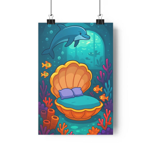 Poster océan dauphin poissons corail bulles lit coquillage couleurs vives ambiance joyeuse chambre moderne simplicité cartoon