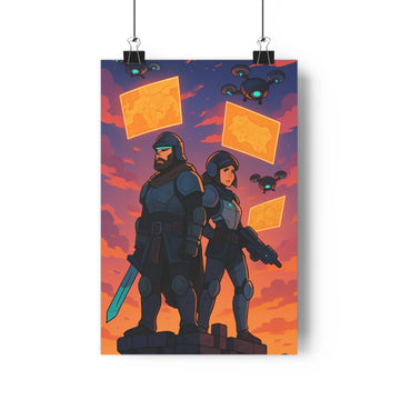 Poster futuriste combat drones plateforme armures technologie cartes géographiques ciel orangé nuages sombres ambiance intense style moderne ombres définies chambre