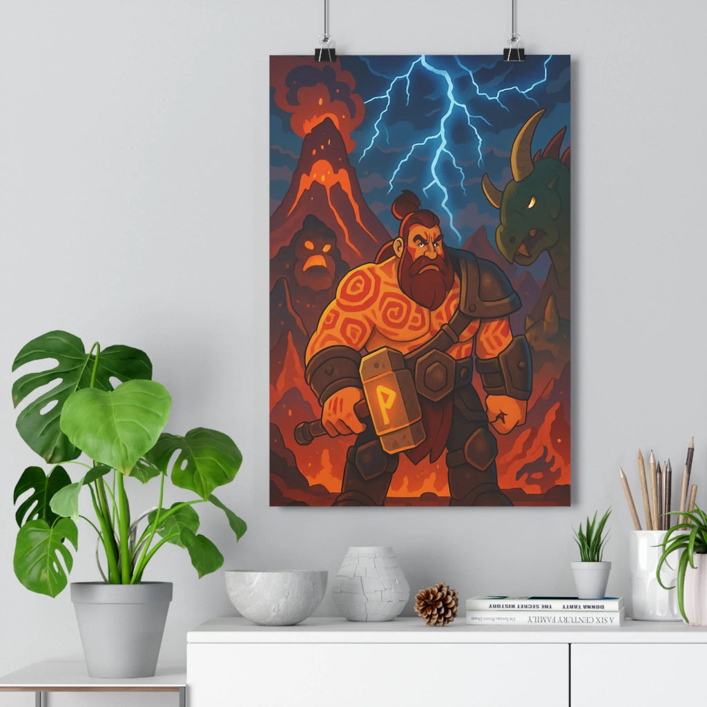 Poster décoratif animé rouge orange guerrier épique volcan aventure salon chambre ambiance intense qualité