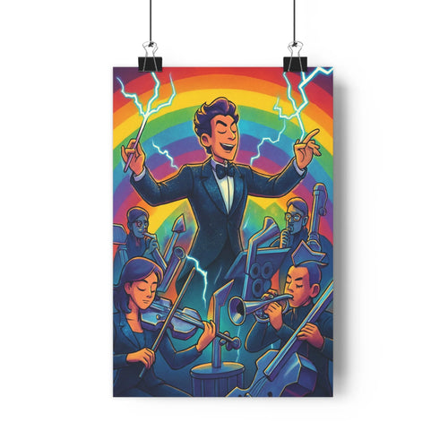 Poster orchestre musiciens arc-en-ciel éclairs bleus contours nets détails précis ambiance festive joyeuse vibrant coloré salon chambre
