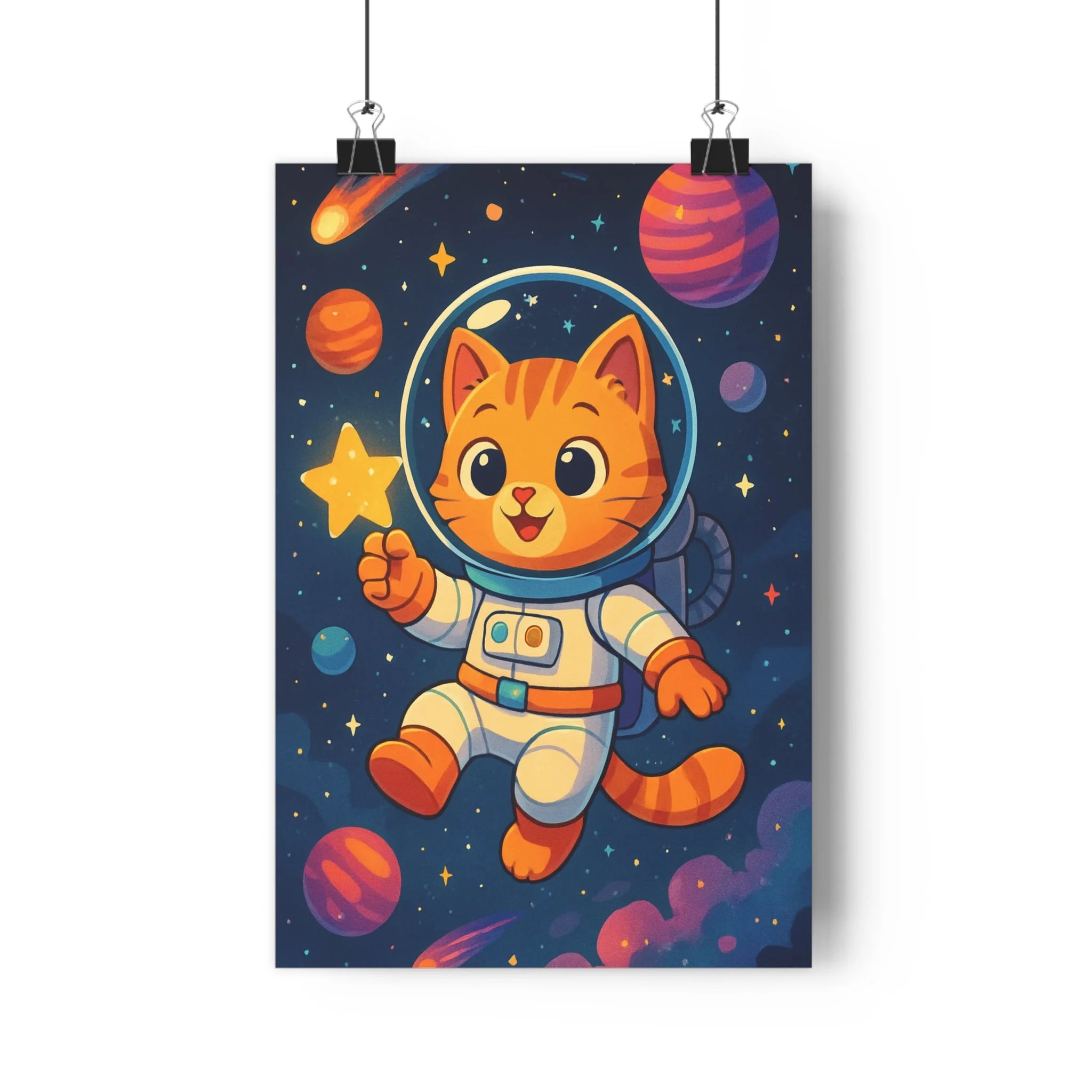 Poster décoratif moderne chaton espace bleu orange enfant aventure chambre ludique design amusant tendance