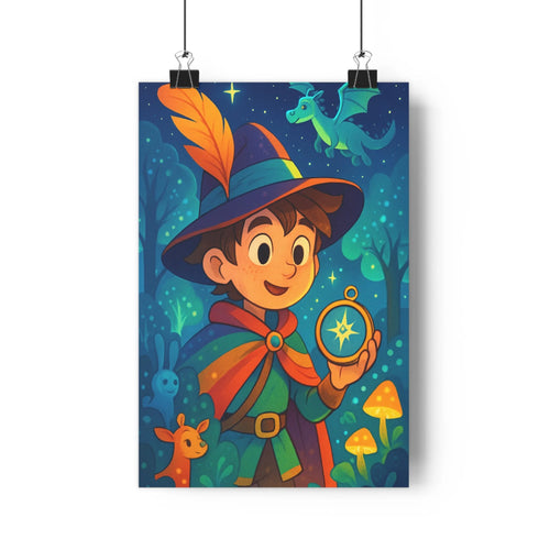 Poster sorcier joyeux dragon étoiles forêt nuit constellation cape multicolore compas lumineux ambiance magique style cartoon légèreté imagination aventure chambre