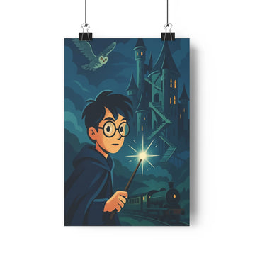 Poster sorcier magie tour château lumière dorée hibou nuit train ombre bleu mystère fantastique chambre enfants aventure imagination