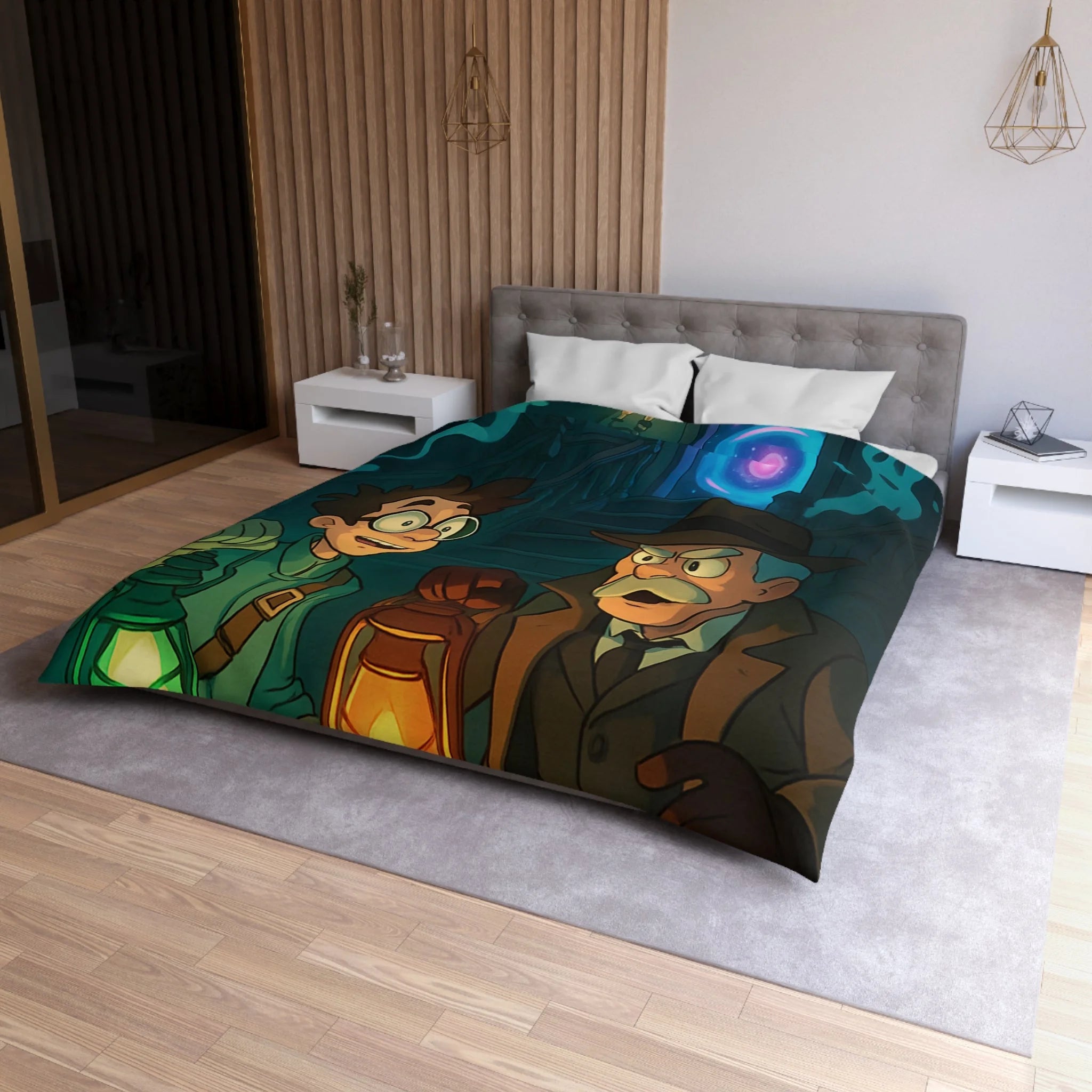 Housse de couette mystère avec lanternes, enquêteurs, fantômes et portail mystérieux