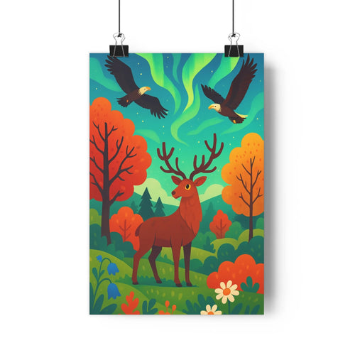 Poster naturel cerf aigles forêt automne étoiles arbres feuilles colorées vibrant vert orange rouge bleu style moderne ambiance paisible salon