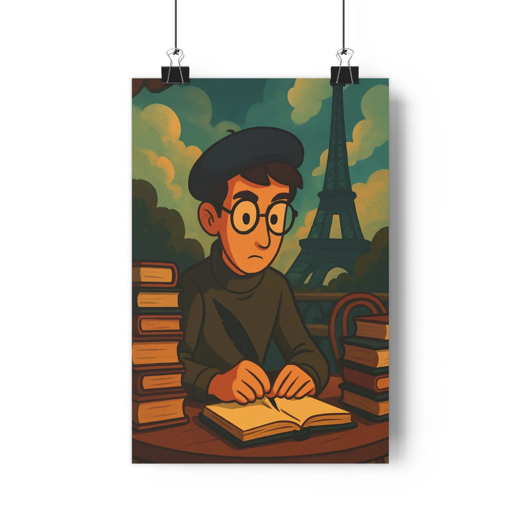 Poster décoratif écrivain vintage brun vert nostalgique bureau salon ambiance chaleureuse tour carnet plume