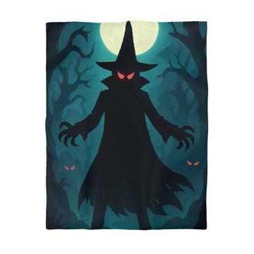 Housse de couette sorcier sombre dans forêt avec pleine lune et yeux rouges