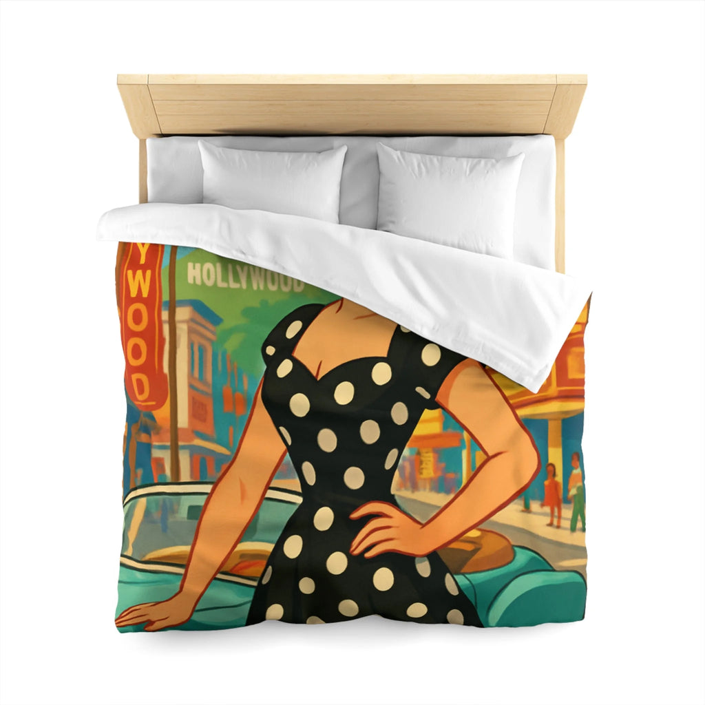 Housse de couette rétro Hollywood années 50 avec motifs de voitures vintage et palmiers