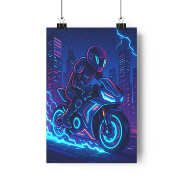 Poster moto sportive nuit bleue rose gratte-ciels éclairés effets lumineux futuriste moderne intense eléctrique dynamique