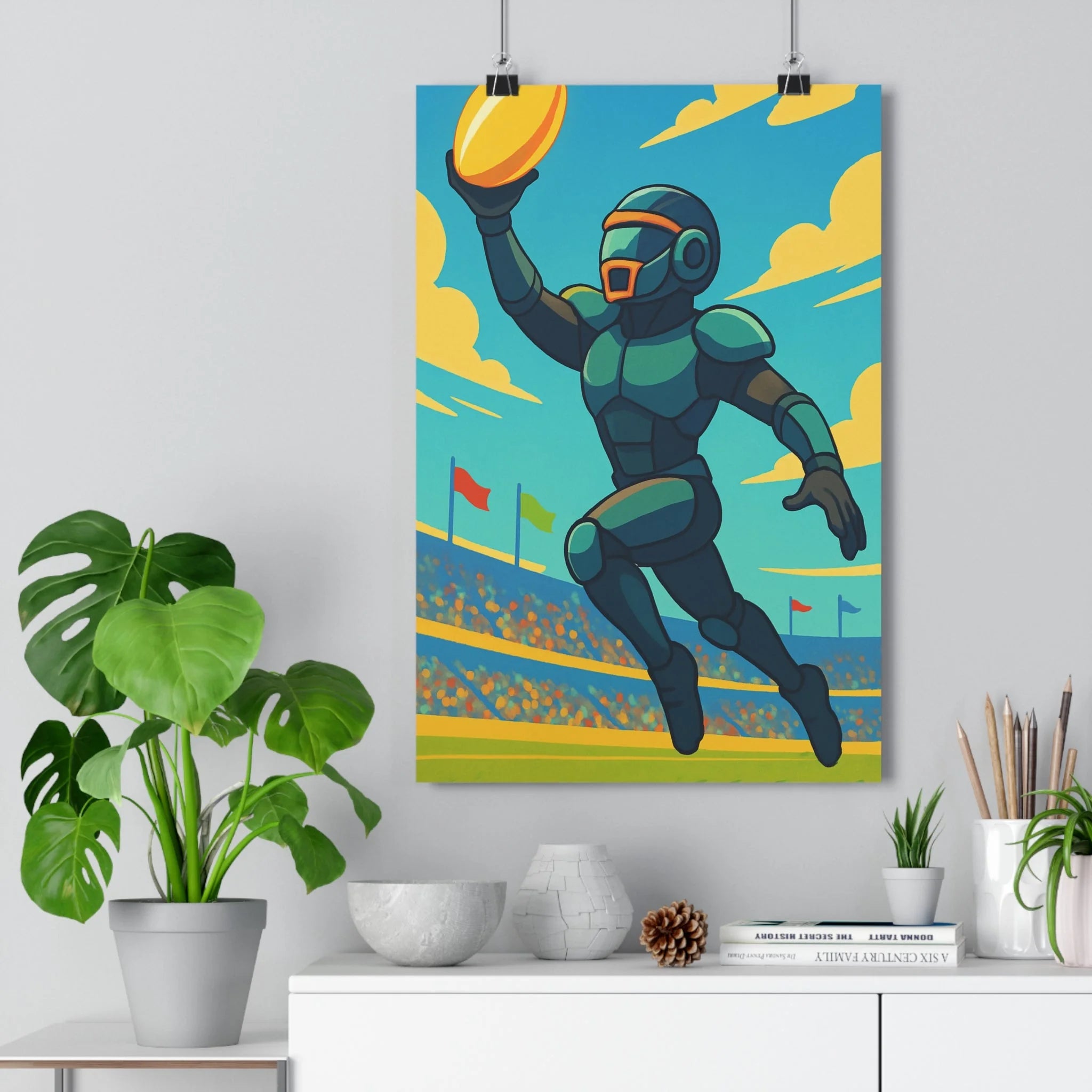 Poster décoratif rugby héroïque futuriste cartoon dynamique bleu vert chambre salon sportif vibrant qualité
