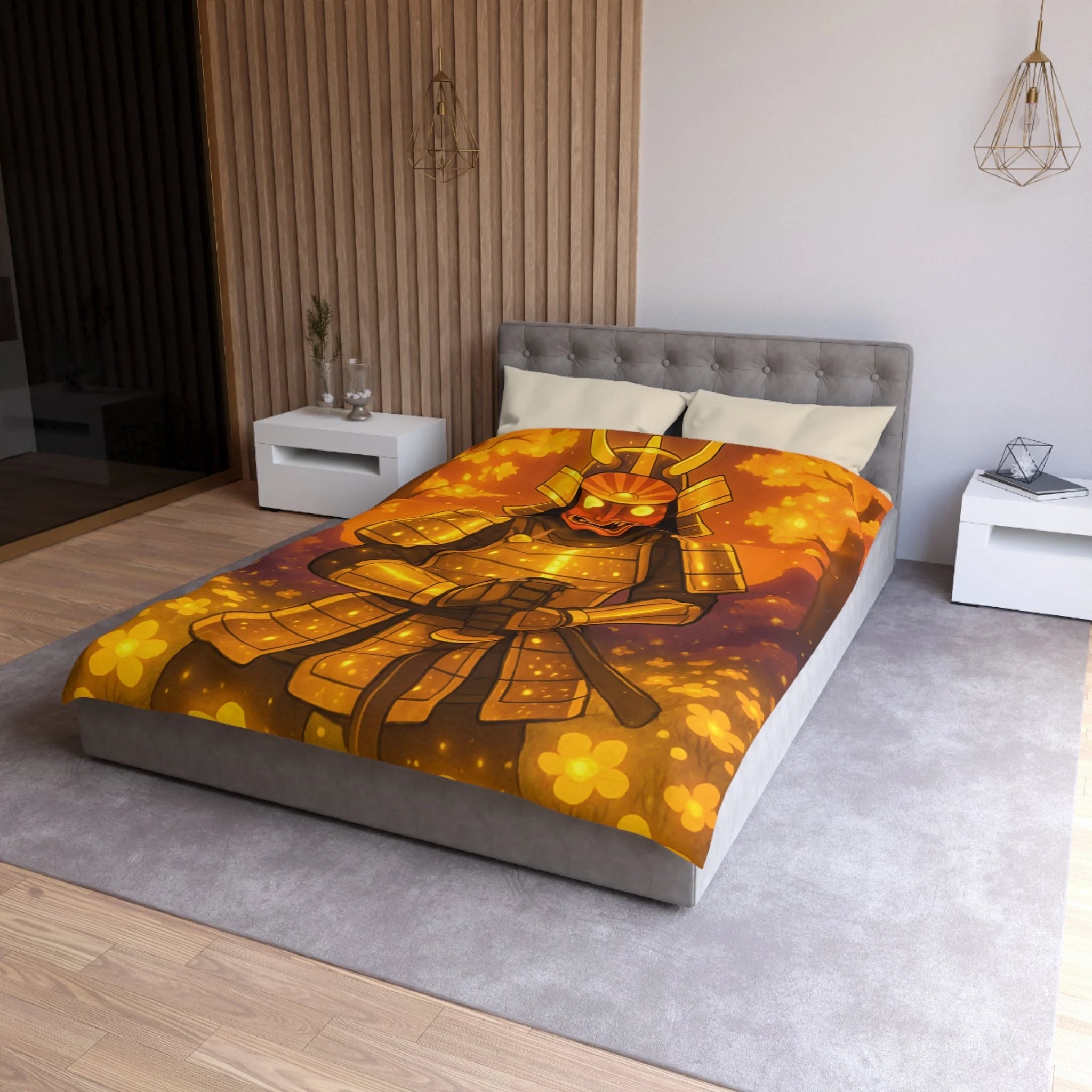 Housse de couette samouraï doré dans forêt magique, ambiance légendaire pour chambre zen