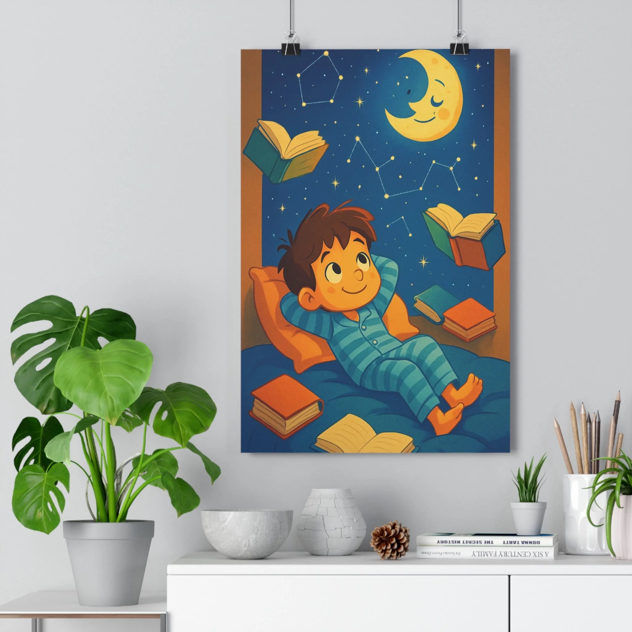 Poster décoratif enfant cartoon bleu étoilé magique rêveur chambre apaisant fantaisie constellations pyjama livres