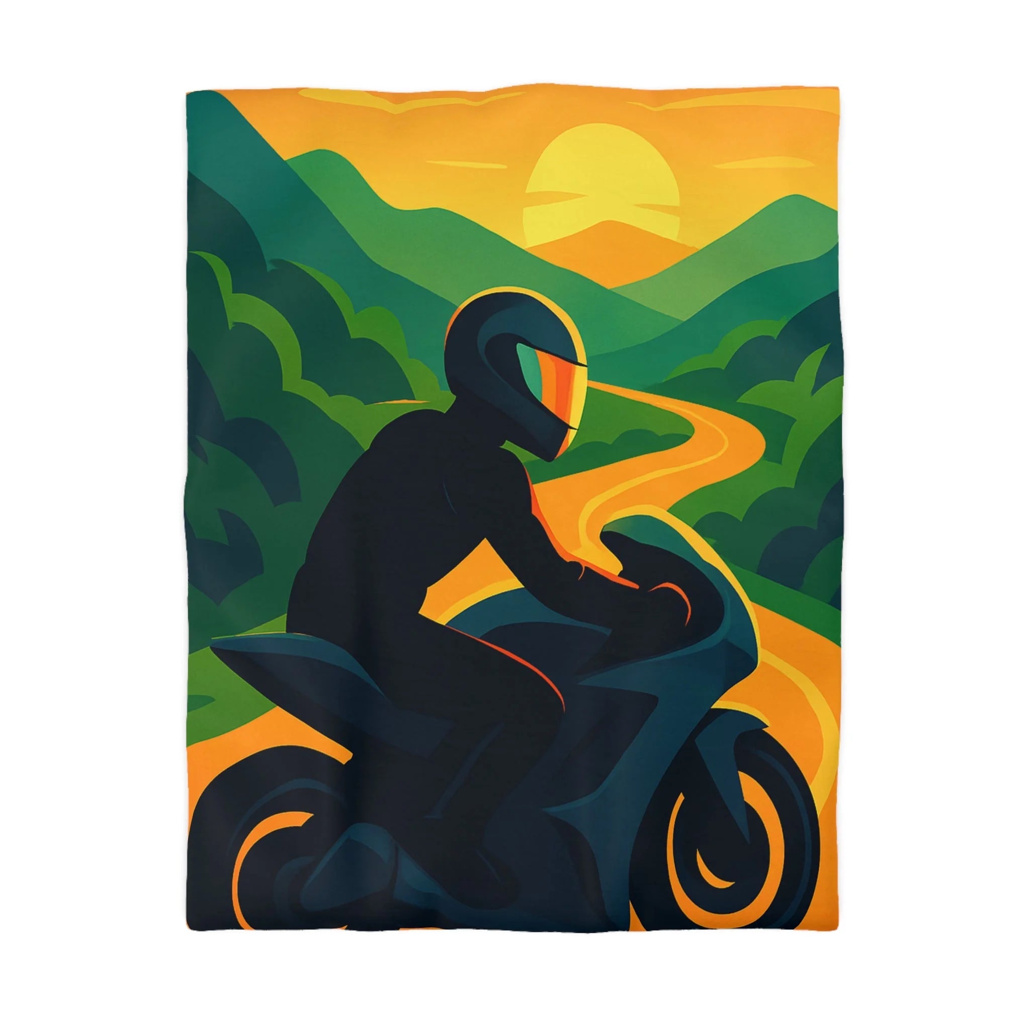 Housse de couette moto route sinueuse coucher de soleil horizon montagne vibrante