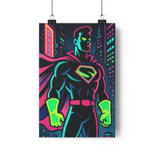 Poster superhéros nuit ville lumière rose bleu verte cape noir moderne ombres graphique intense chambre salon bureau