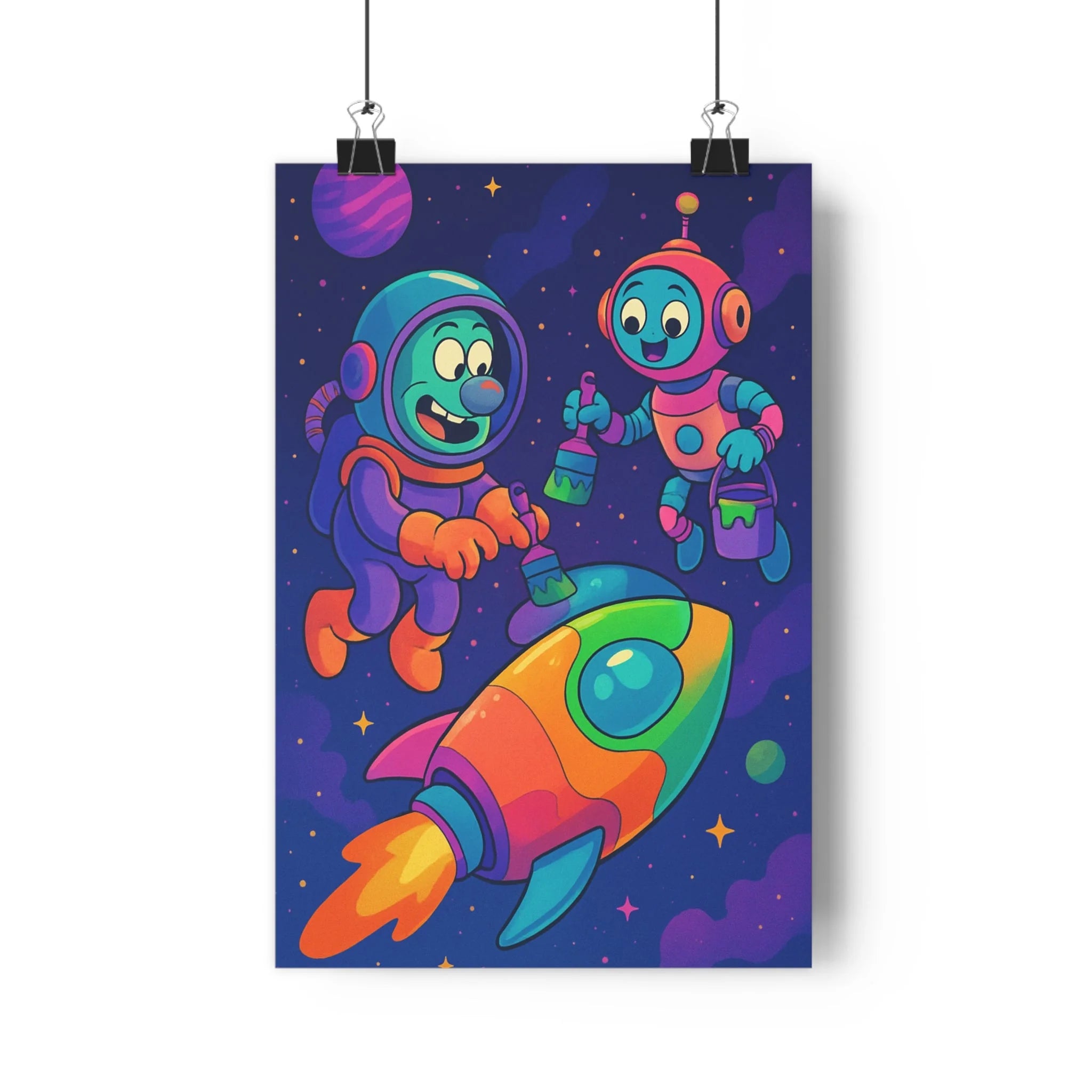 Poster décoratif cartoon galactique bleu vert orange joyeux enfant chambre créatif futuriste espace 30x46
