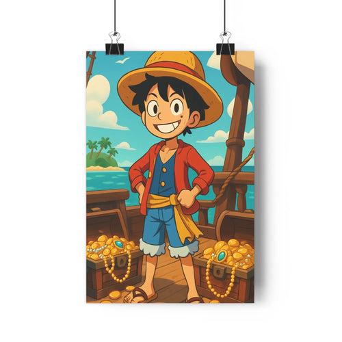 Poster pirate enfant trésors ponton coffres tropical palmiers ciel bleu rouge doré cartoon détails simple joyeuse aventure chambre
