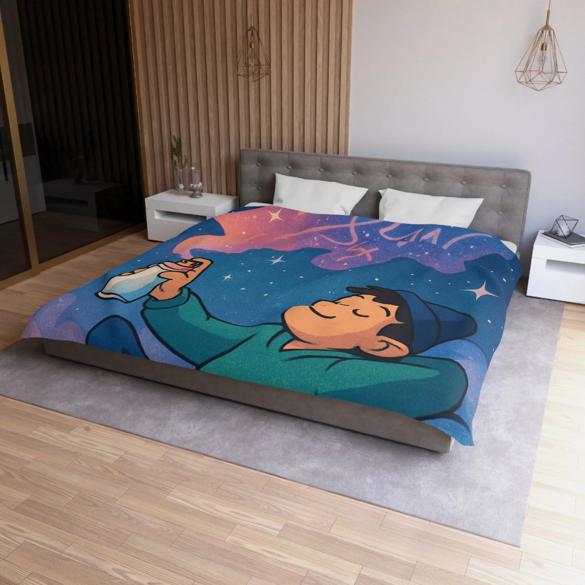 Housse de couette rêve étoilé avec jeune garçon et spray cosmique coloré