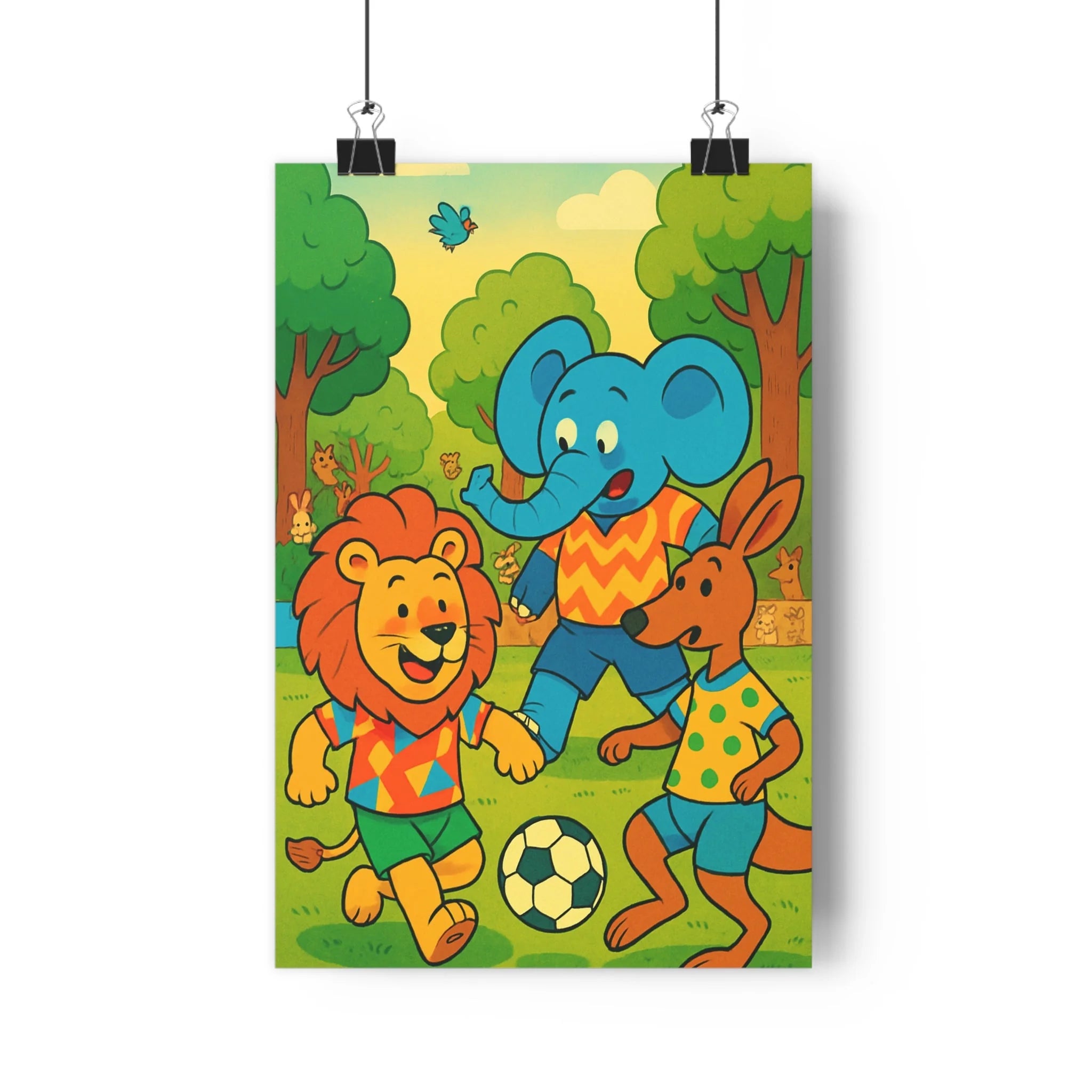 Poster décoratif animaux cartoon football lion éléphant kangourou joyeux coloré enfant chambre orange vert