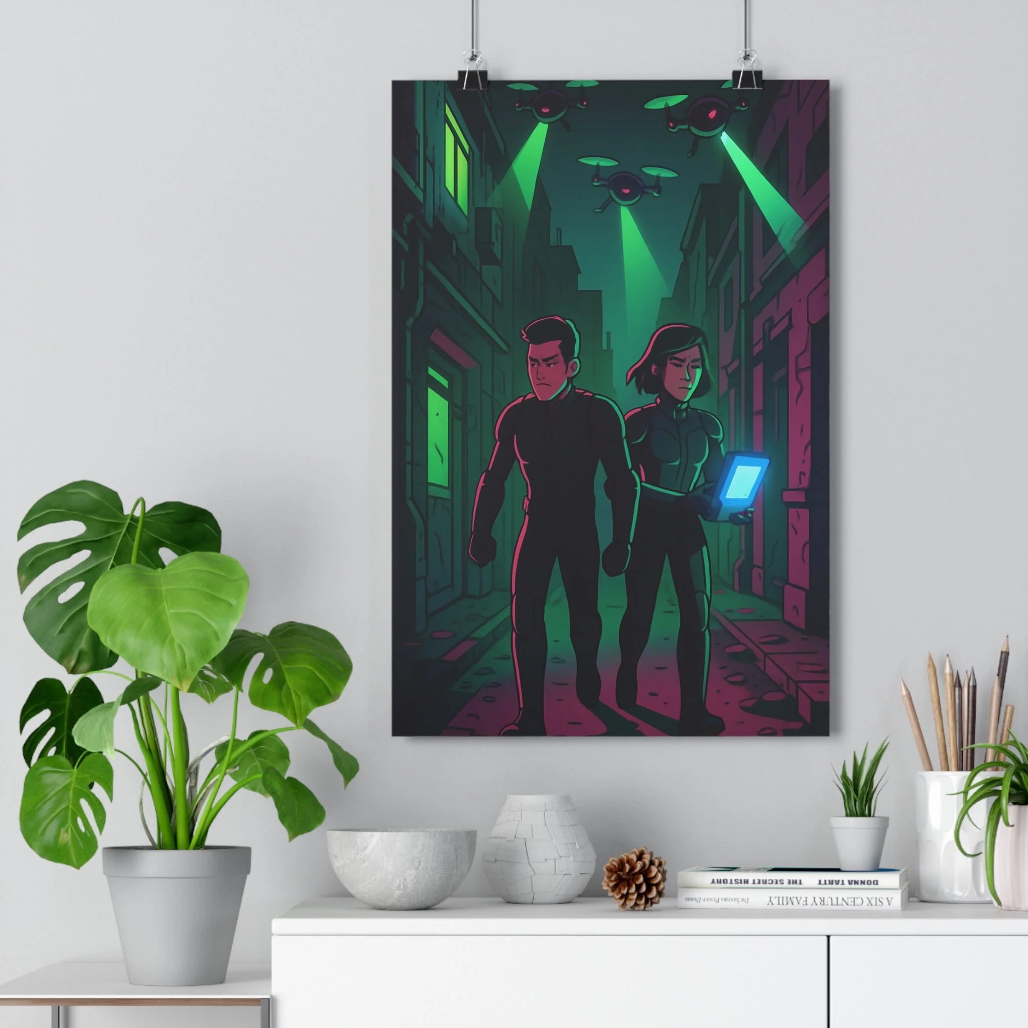 Poster décoratif futuriste néons vert sombre cartoon mystérieux technologie salon chambre ambiance dynamique qualité