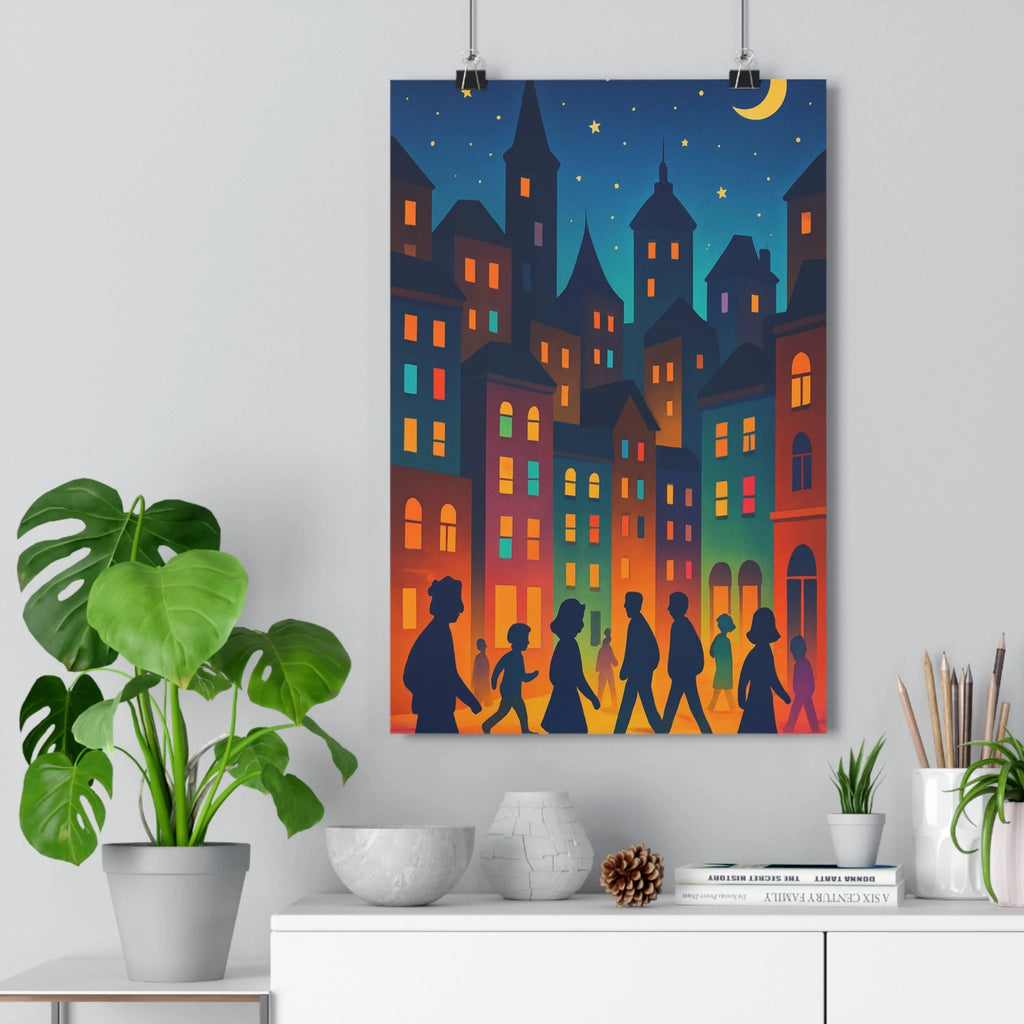 Poster décoratif cartoon urbain nuit bleu orange jaune artistique salon chambre bureau 30x46 élégant