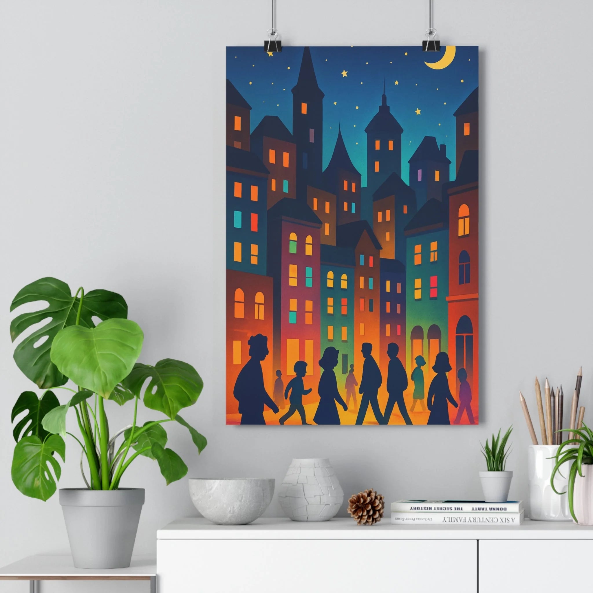 Poster décoratif cartoon urbain nuit bleu orange jaune artistique salon chambre bureau 30x46 élégant