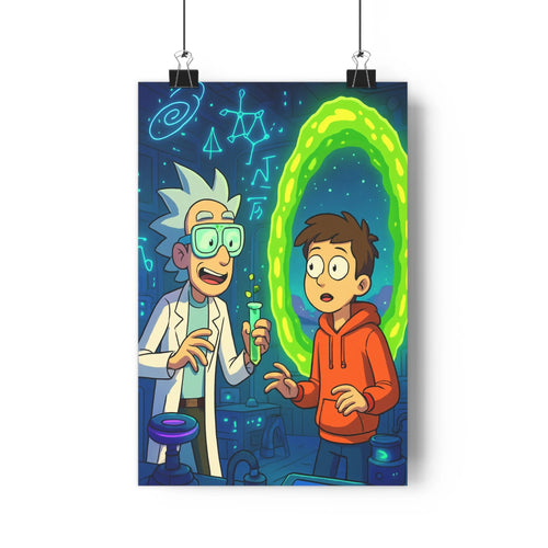 Poster scientifique adulte enfant laboratoire lunettes blouse fiole plantes étagère bleu nuit vert cercle lumineux exploration cartoon doux intrigant bureau