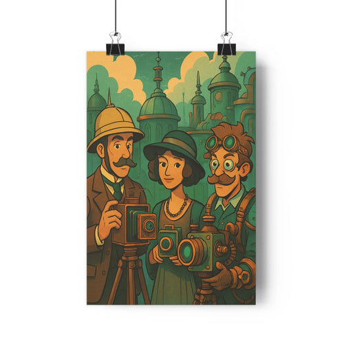 Poster rétro vintage personnages steampunk architecture coloniale caméra trépied nuances bruns noirs ambiance mystérieuse exploration salon chambre