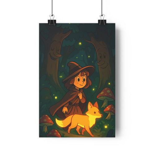 Poster féerique nuit forêt sorcière renard baguette magique arbres champignons lumière verte dorée style cartoon ambiance enchantée chambre enfants