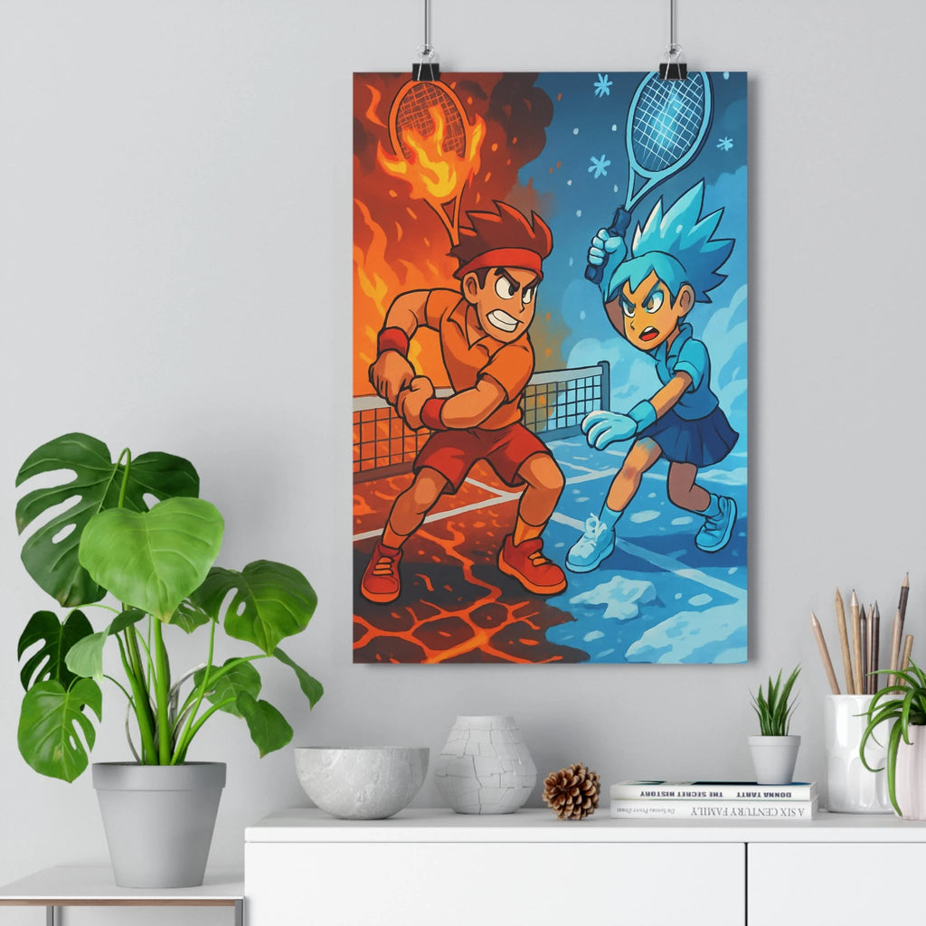 Poster décoratif anime tennis rouge bleu dynamique chambre dramatique énergie contrasté personnages épique ambiance