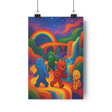 Poster personnages colorés émotion arcen-ciel paysage fantastique montagnes ondulantes ciel étoilé ambiance joyeuse cartoon chambre salon